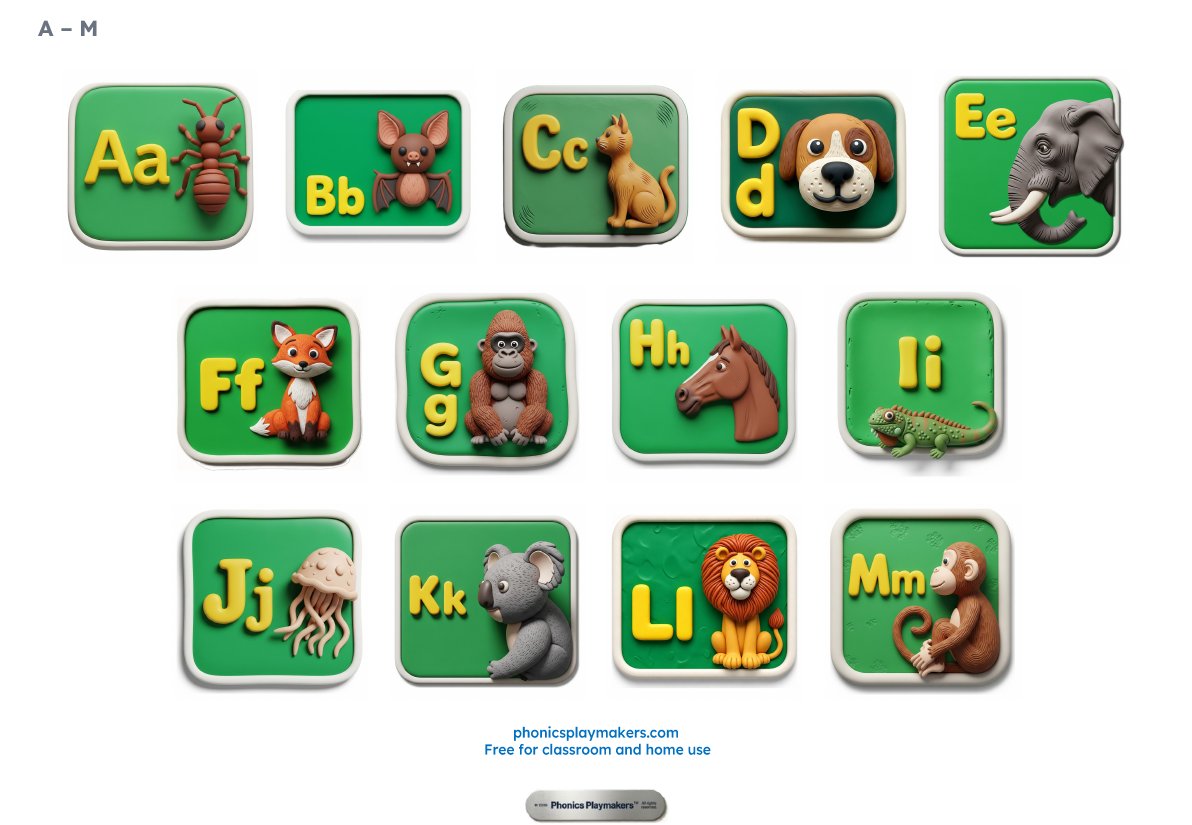 Sticker sheet of letter tiles A to M, from ant to monkey