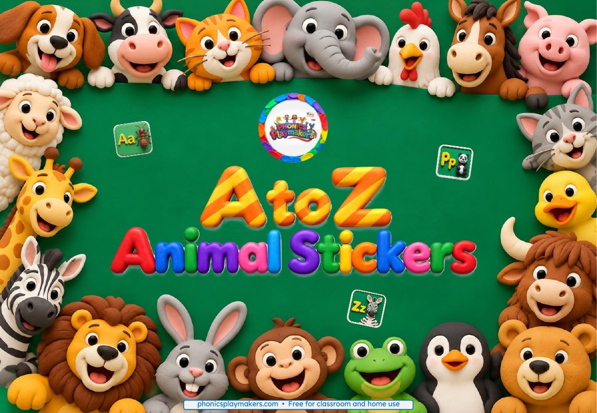 Cover of the A to Z Animal Stickers printable, with clay-style animals around the title