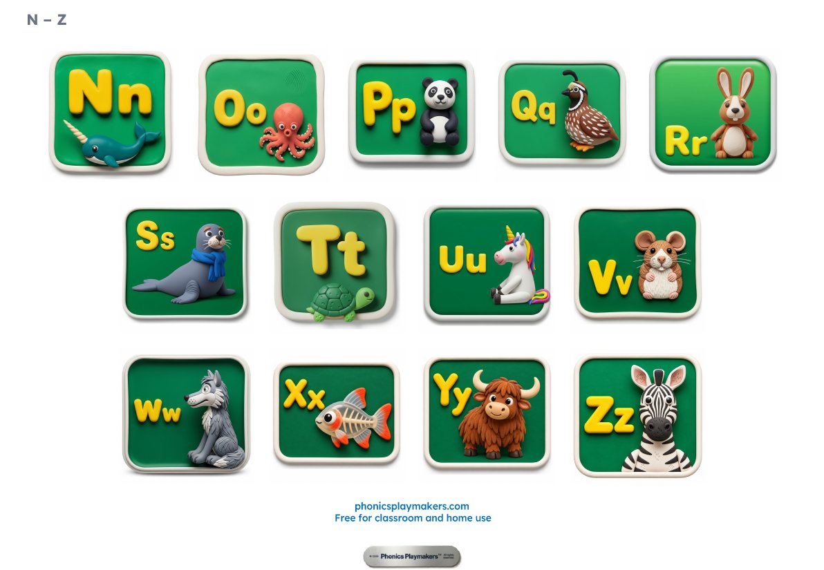 Sticker sheet of letter tiles N to Z, from narwhal to zebra