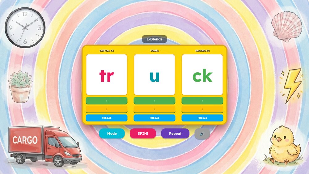 CCVCC Spin Game showing the word 'truck'