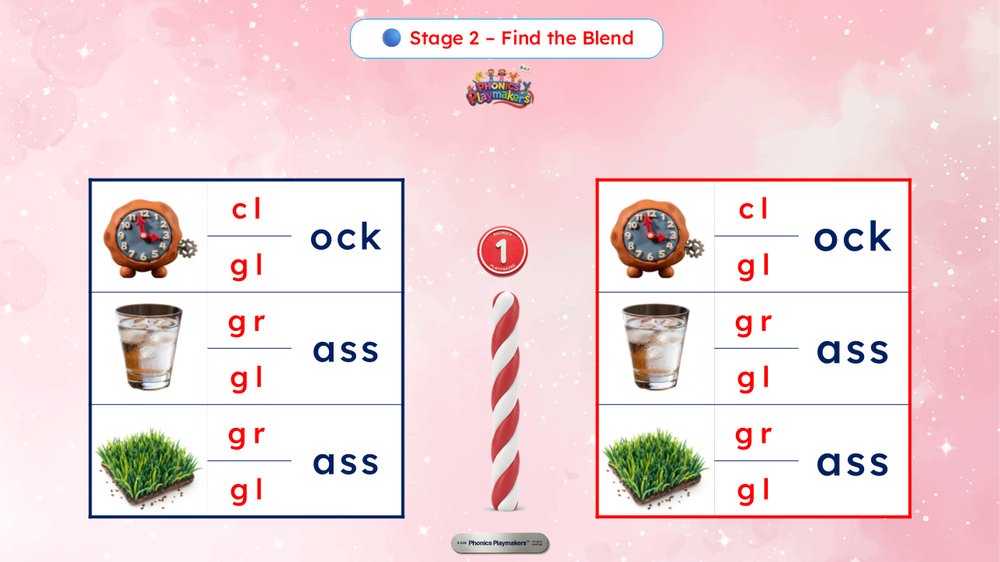 Stage 2 Find the Blend — children choose the correct initial blend for each picture