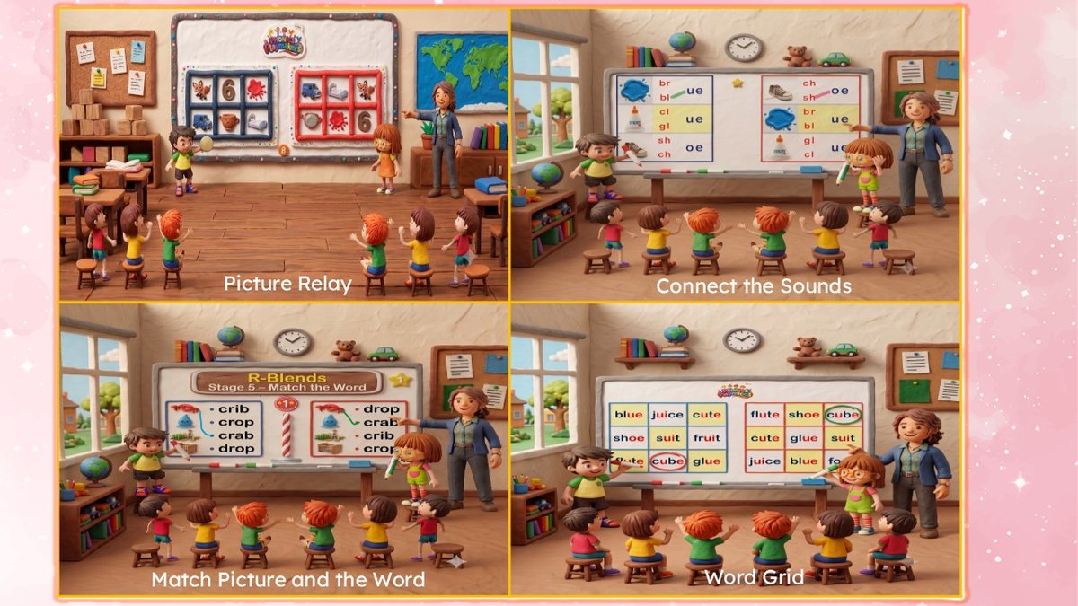 Four illustrated classroom scenes showing Picture Relay, Connect the Sounds, Match Picture and the Word, and Word Grid rounds being played