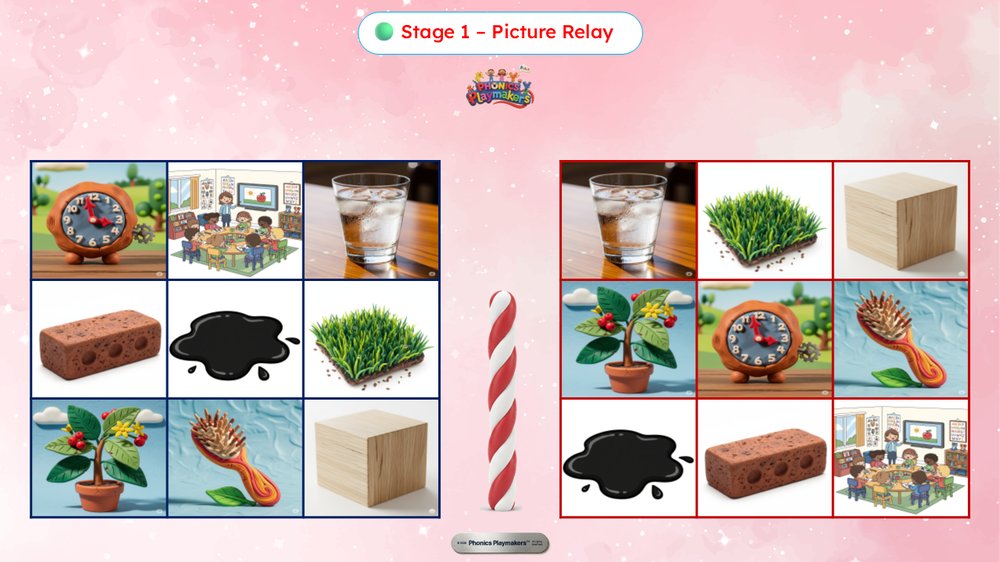 Stage 1 Picture Relay — two teams racing to find pictures matching CCVCC words