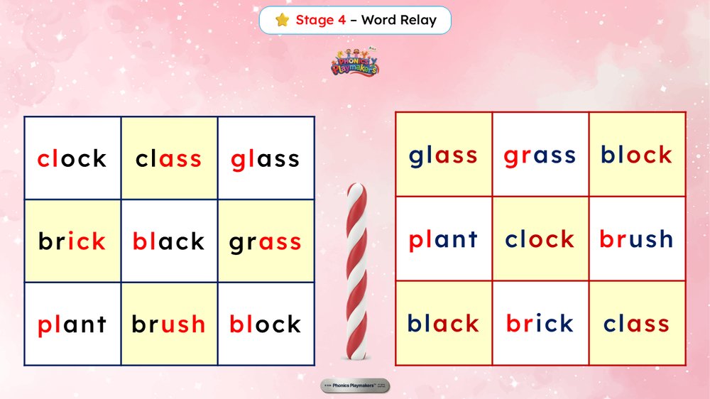Stage 4 Word Relay — a grid of CCVCC words for teams to find quickly and accurately
