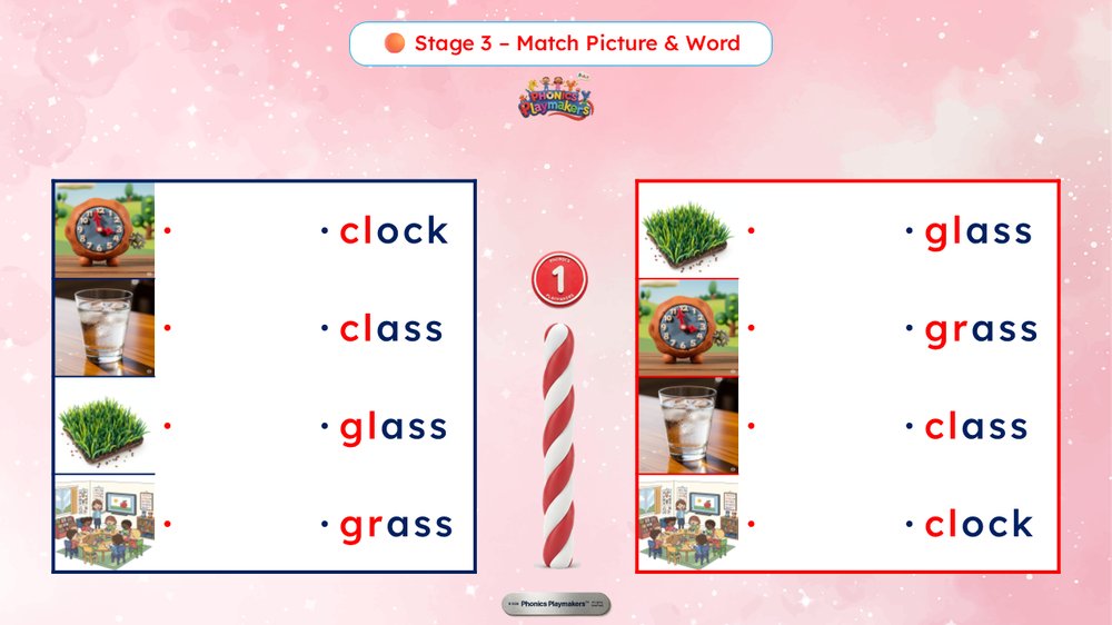 Stage 3 Match Picture and Word — teams race to match each CCVCC word to its picture