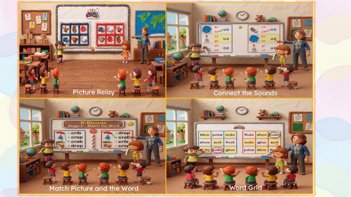 Four illustrated classroom scenes showing Picture Relay, Connect the Sounds, Match Picture and the Word, and Word Grid rounds being played