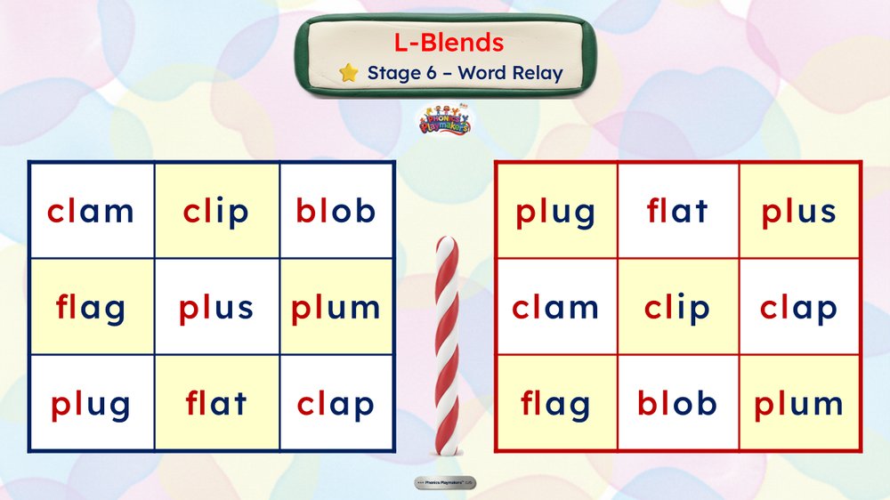 Stage 6 Word Relay — a grid of CCVC words for teams to find quickly and accurately