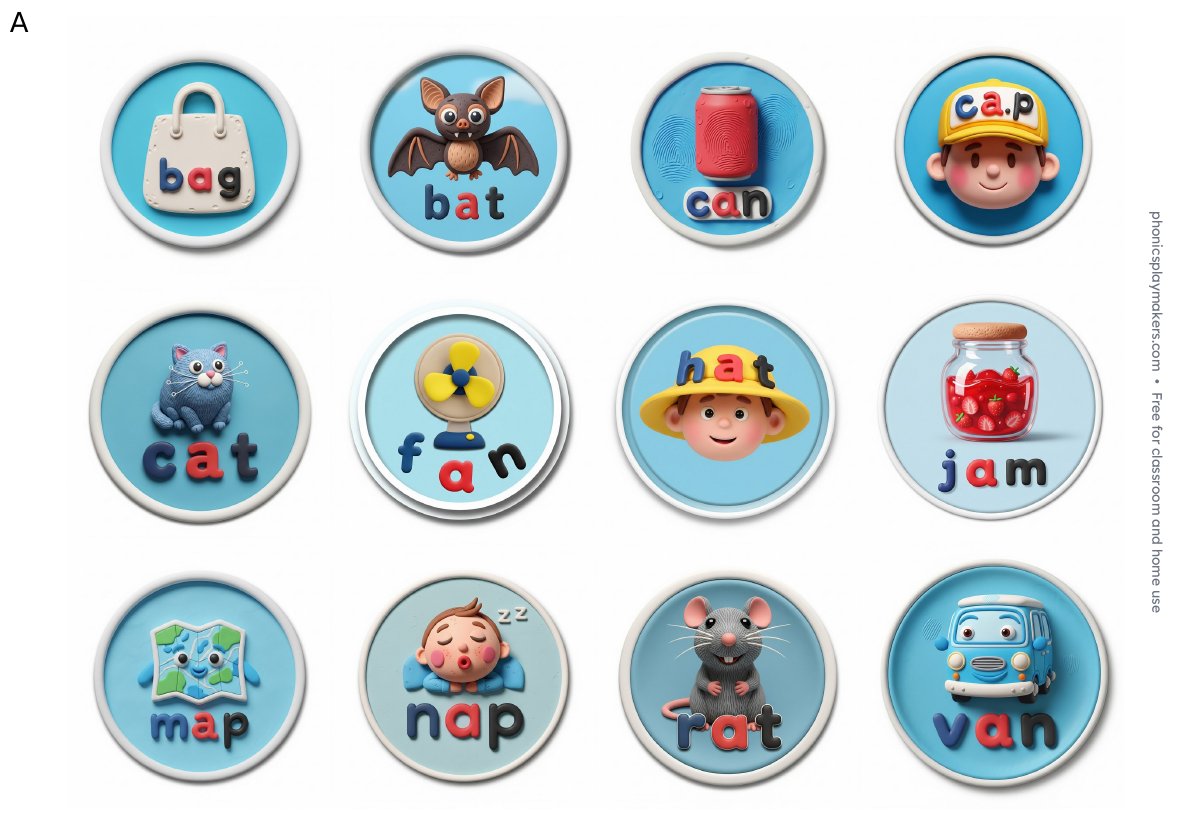 Sheet of twelve blue short a stickers including bag, bat, cat, hat, map and van