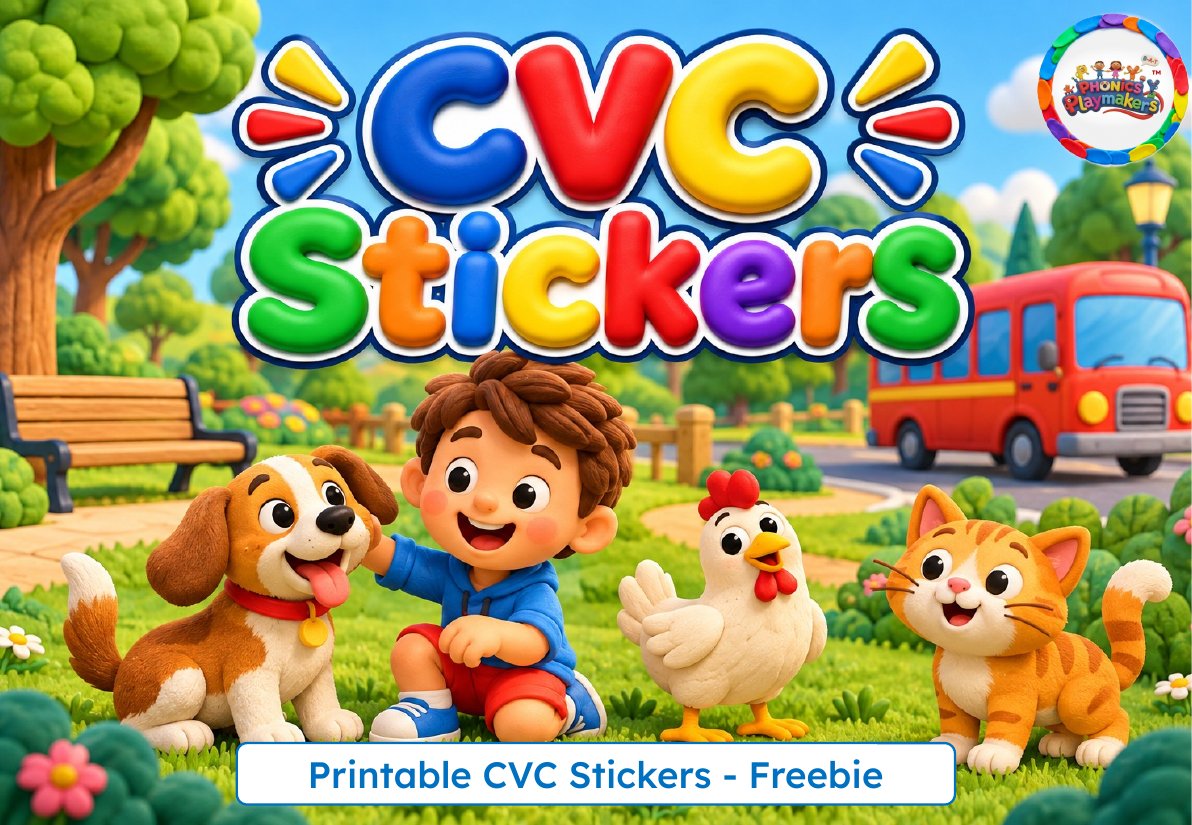 Cover of the CVC Stickers printable, showing a boy, a puppy, a hen and a cat in a clay-style park