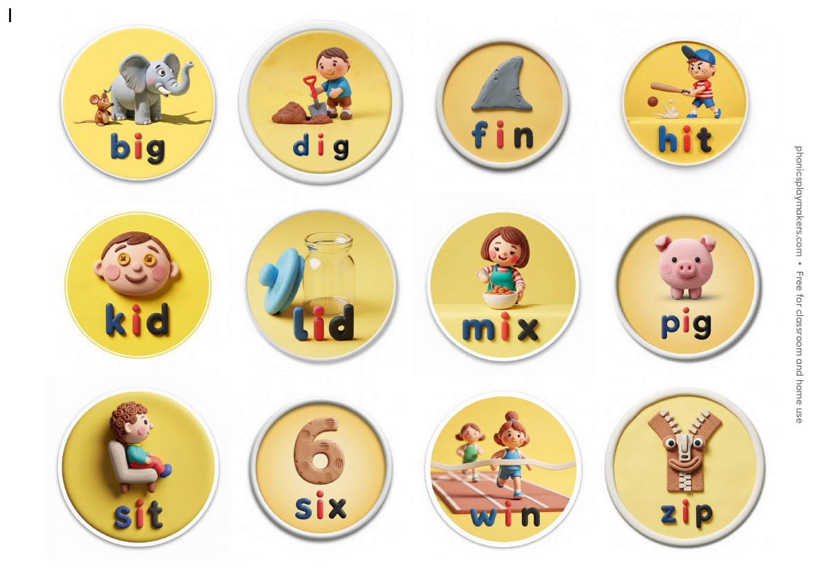 Sheet of twelve yellow short i stickers including big, dig, pig, six, win and zip