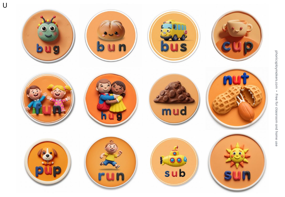 Sheet of twelve orange short u stickers including bug, bus, cup, nut, pup and sun