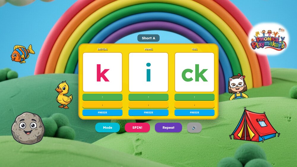 CVCC Spin Game showing the word 'kick'