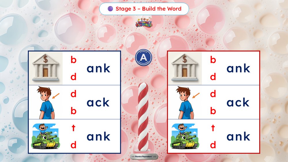 Stage 3 Build the Word — children choose the beginning sound to complete each word