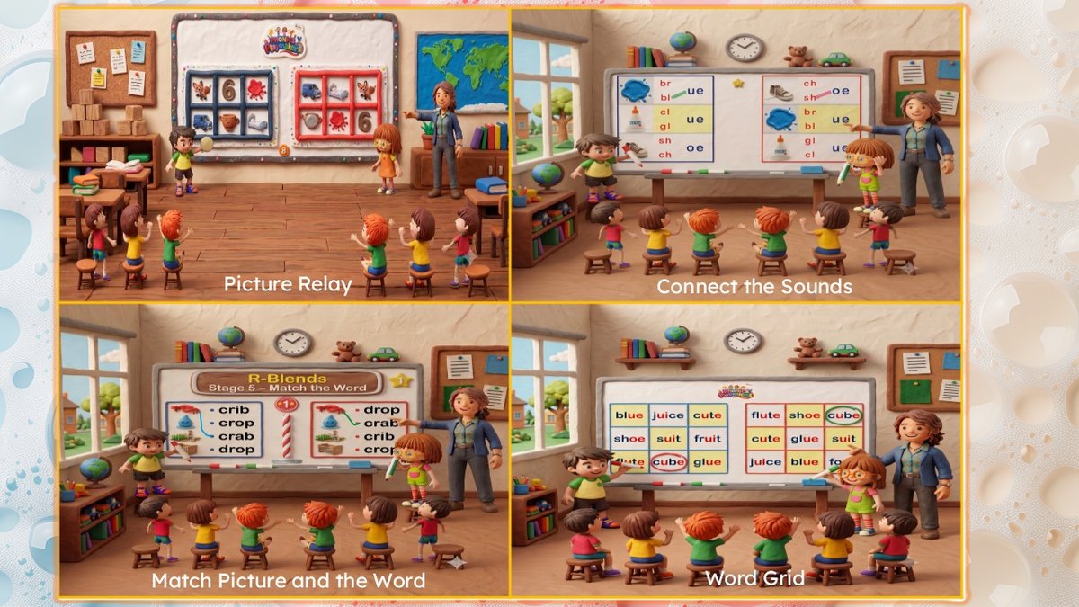 Four illustrated classroom scenes showing Picture Relay, Connect the Sounds, Match Picture and the Word, and Word Grid rounds being played