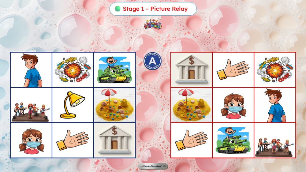 Stage 1 Picture Relay — two teams racing to find pictures matching CVCC words