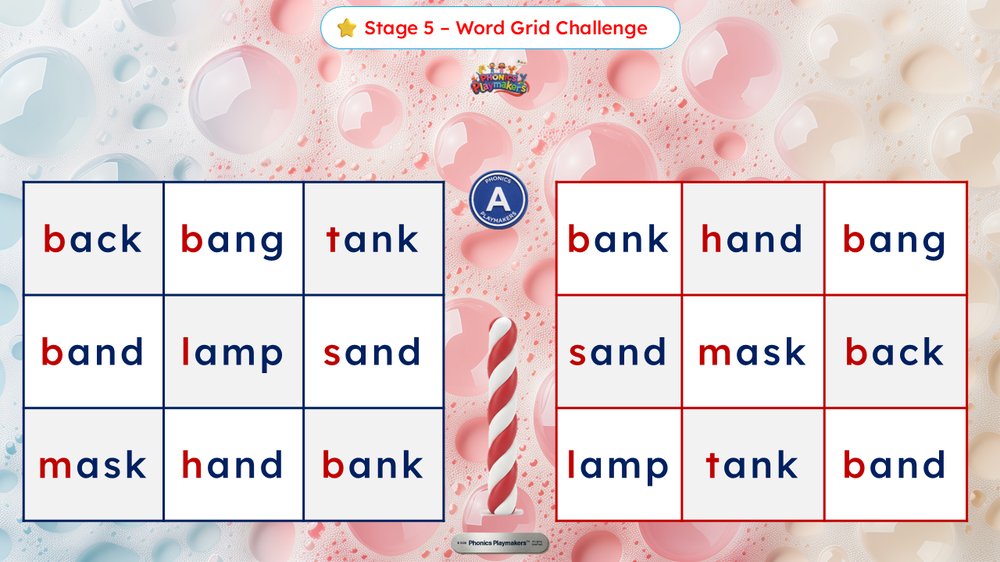 Stage 5 Word Relay — a grid of CVCC words for teams to find quickly and accurately