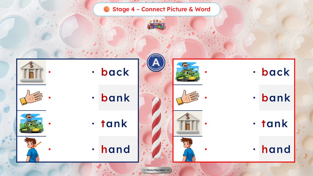 Stage 4 Connect Picture and Word — teams race to match each CVCC word to its picture