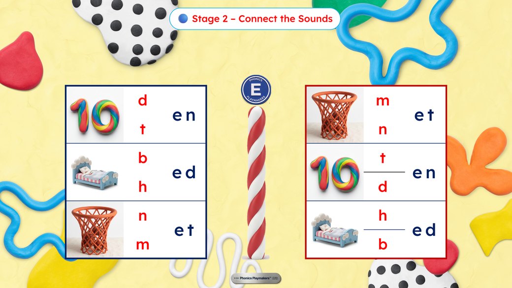 Stage 2 Connect the Sounds: pictures with onset letters to join to the rimes en, ed and et