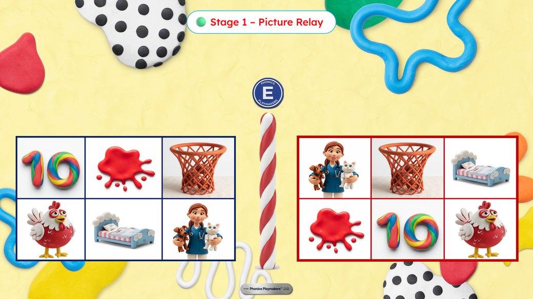 Stage 1 Picture Relay: two picture grids, one for each team
