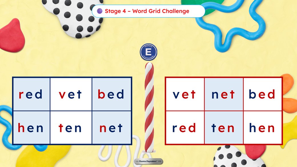 Stage 4 Word Grid Challenge: two grids of short e words, one for each team