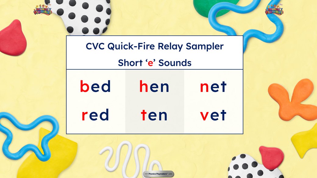 Word card listing the six short e words: bed, hen, net, red, ten and vet