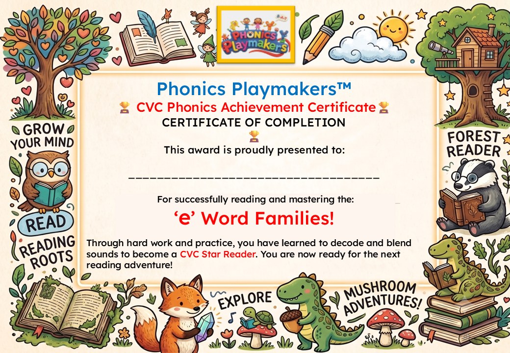 Phonics Playmakers CVC Phonics Achievement Certificate of Completion for the e Word Families section