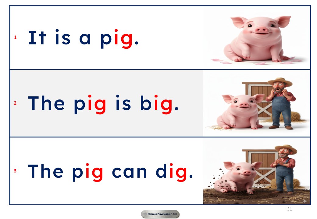 Decodable sentences: It is a pig. The pig is big. The pig can dig. — with the ig sound highlighted in red