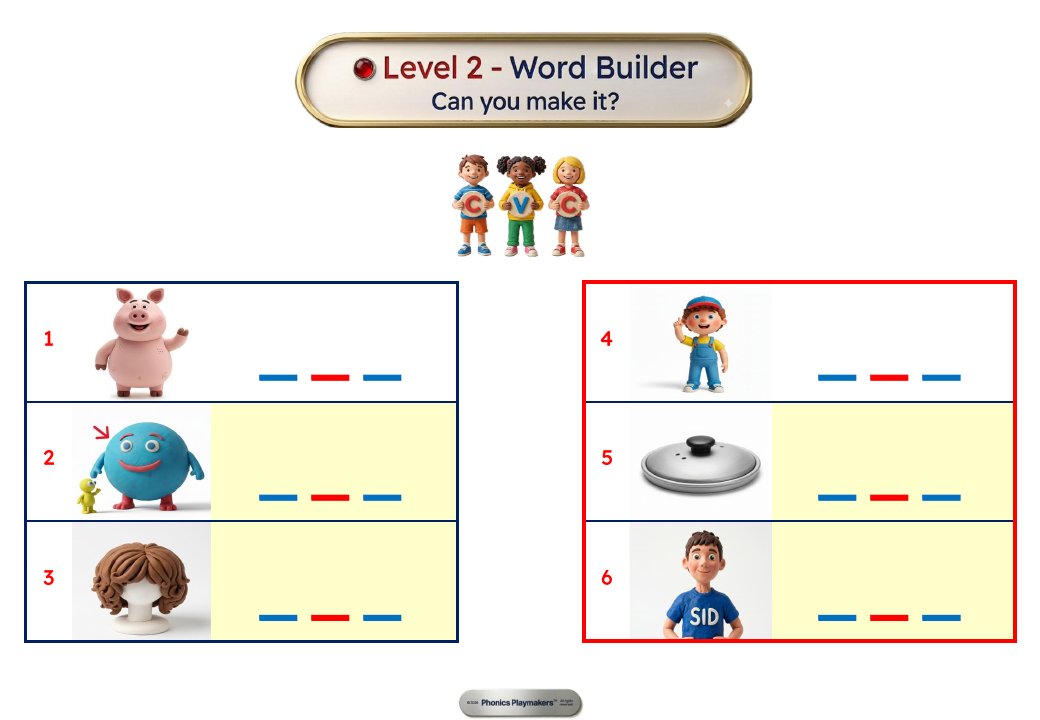 Level 2 Word Builder card for the id vs ig word family with six picture clues and blank letter slots