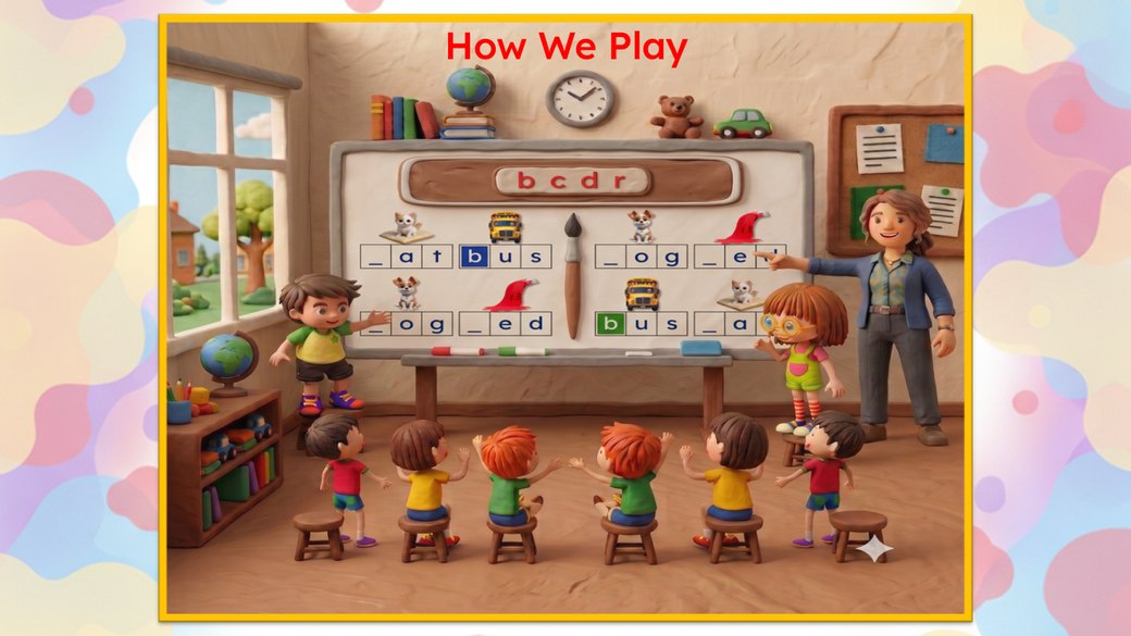 Illustration of a class playing the CVC Word Builder relay on the whiteboard