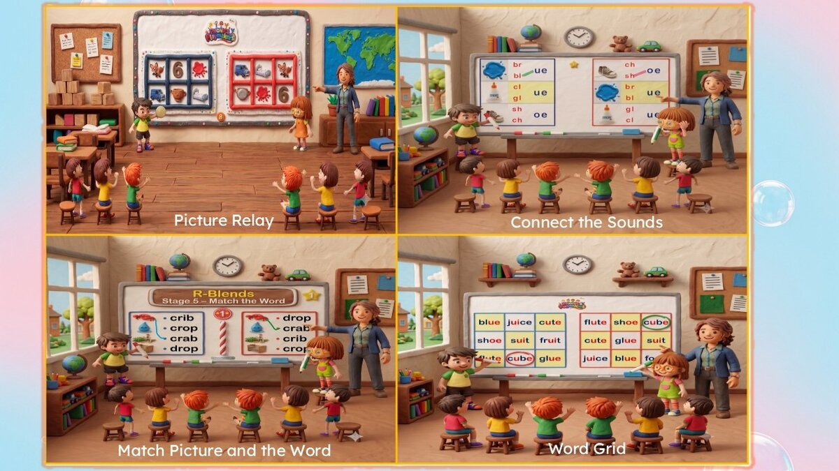Four illustrated classroom scenes showing the relay rounds being played