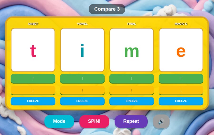 Magic e Spin Game showing the word time with magic e switched on