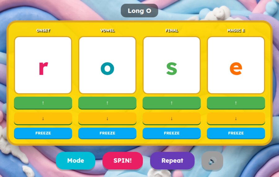 Magic e Spin Game showing the word rose with magic e switched on