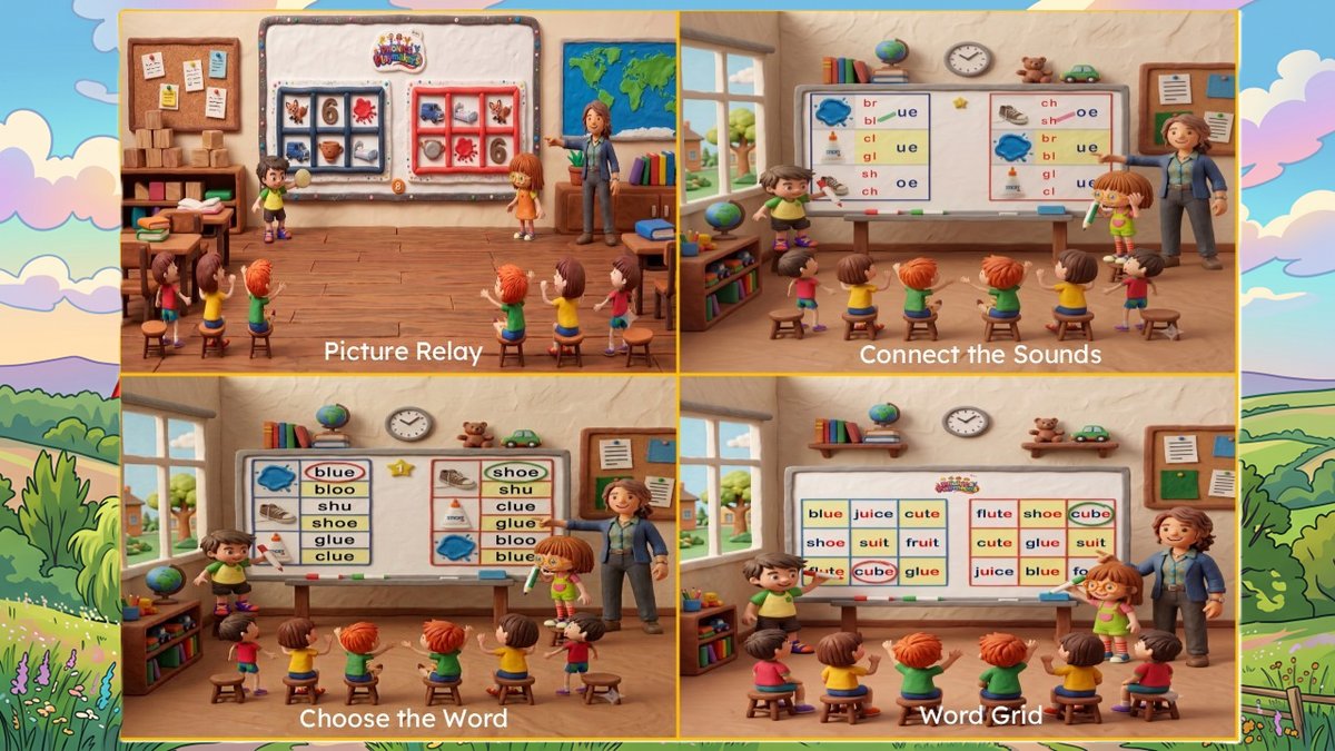 Four illustrated classroom scenes showing Picture Relay, Connect the Sounds, Match Picture and Word, and Word Grid rounds being played