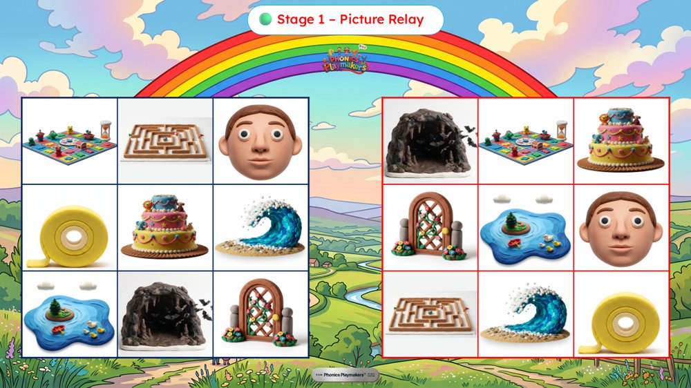 Stage 1 Picture Relay — two teams racing to find pictures matching Magic e words