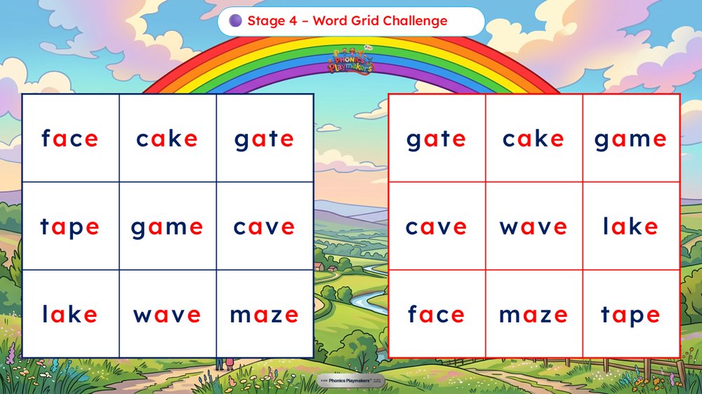 Stage 4 Word Grid Challenge — a grid of Magic e words for teams to read quickly and accurately