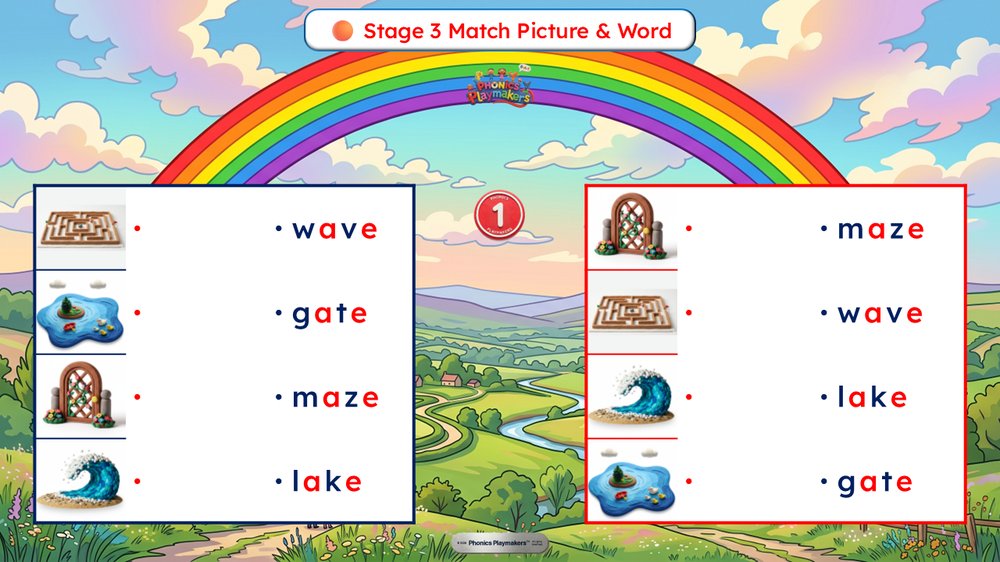 Stage 3 Word and Picture Match — teams race to match each Magic e word to its picture
