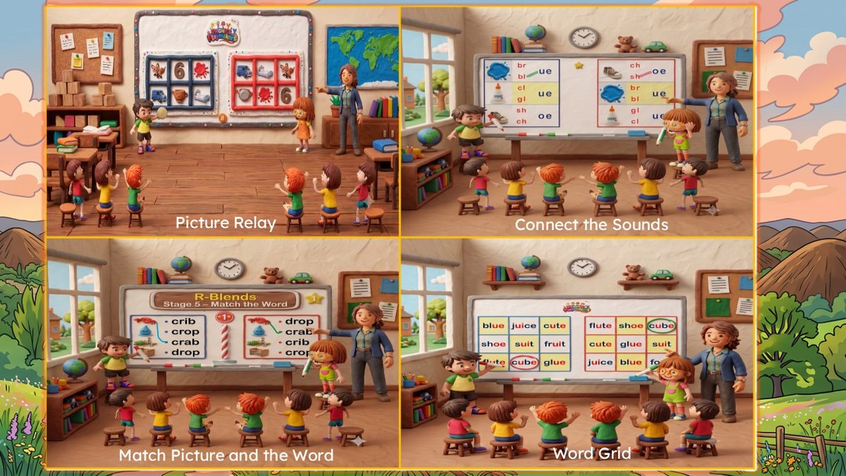 Four illustrated classroom scenes showing Picture Relay, Connect the Sounds, Match Picture and Word, and Word Grid rounds being played