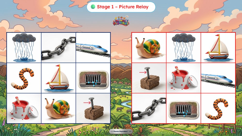 Stage 1 Picture Relay — two teams racing to find pictures matching vowel team words