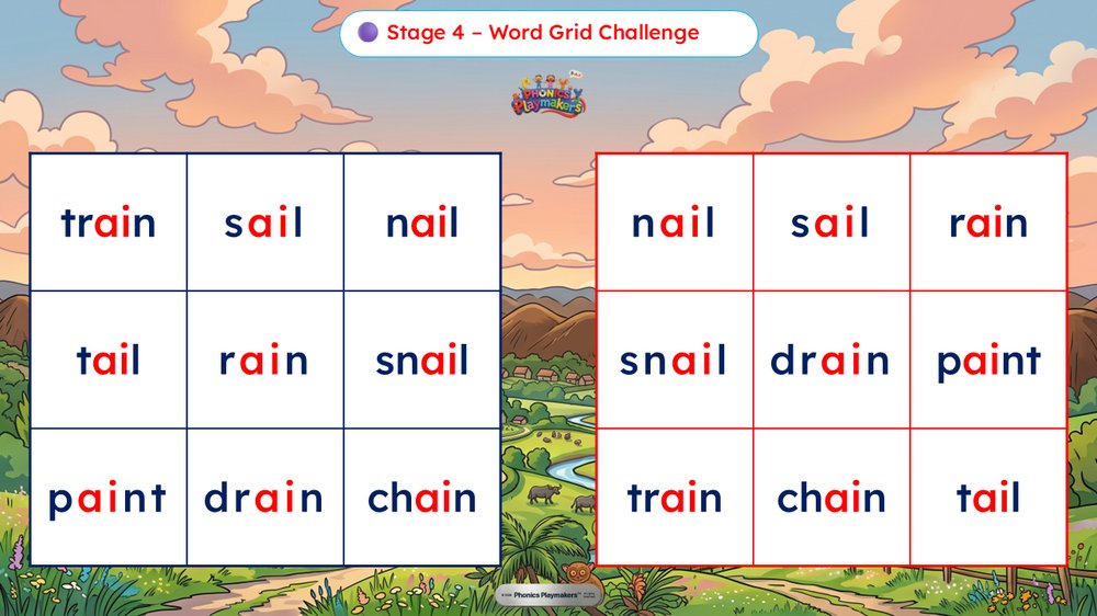 Stage 4 Word Grid Challenge — a grid of vowel team words for teams to read quickly and accurately