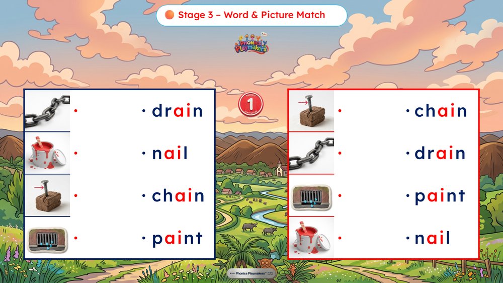 Stage 3 Word and Picture Match — teams race to match each vowel team word to its picture